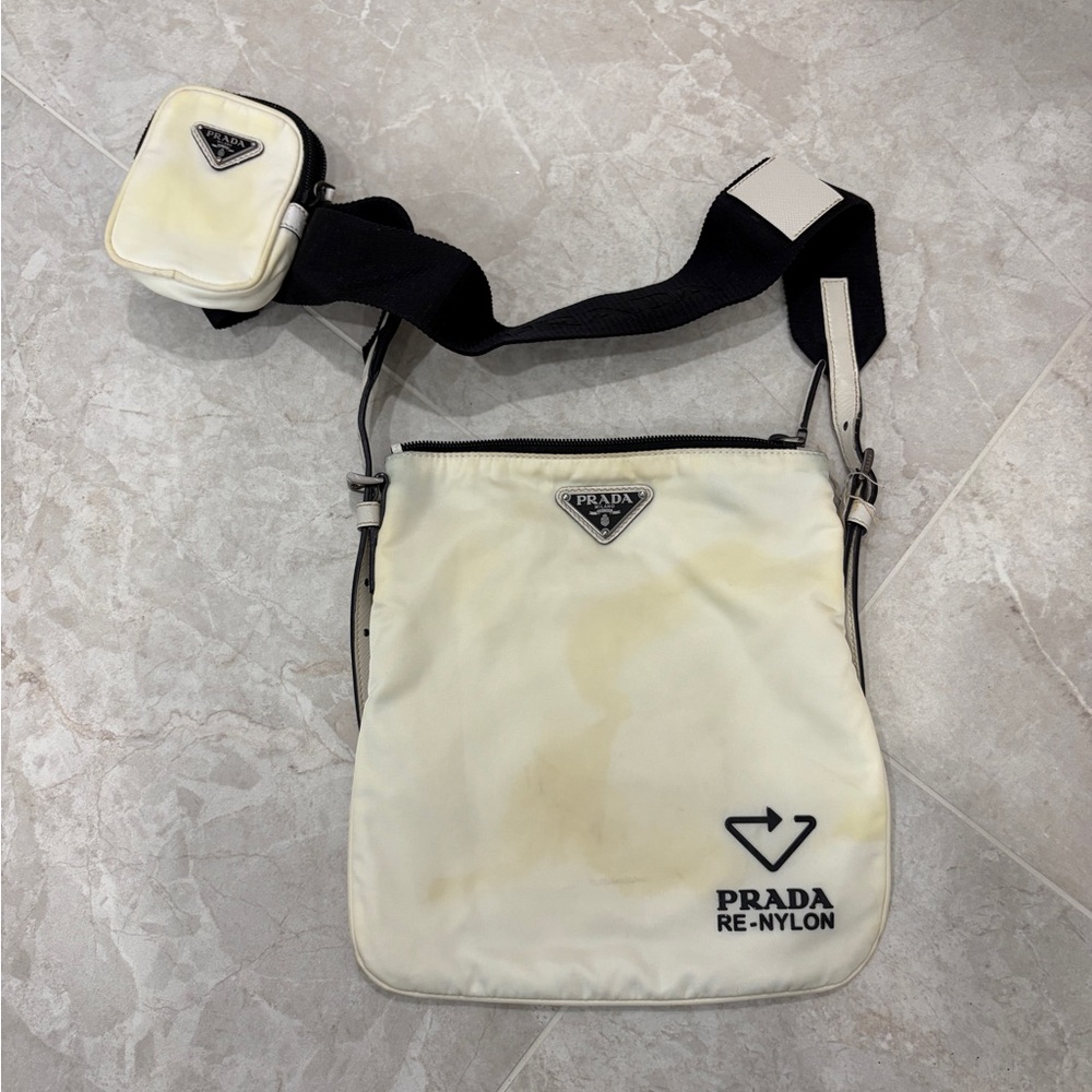 Prada White Re-Nylon Messenger Bag with Air Pod holder- discolored